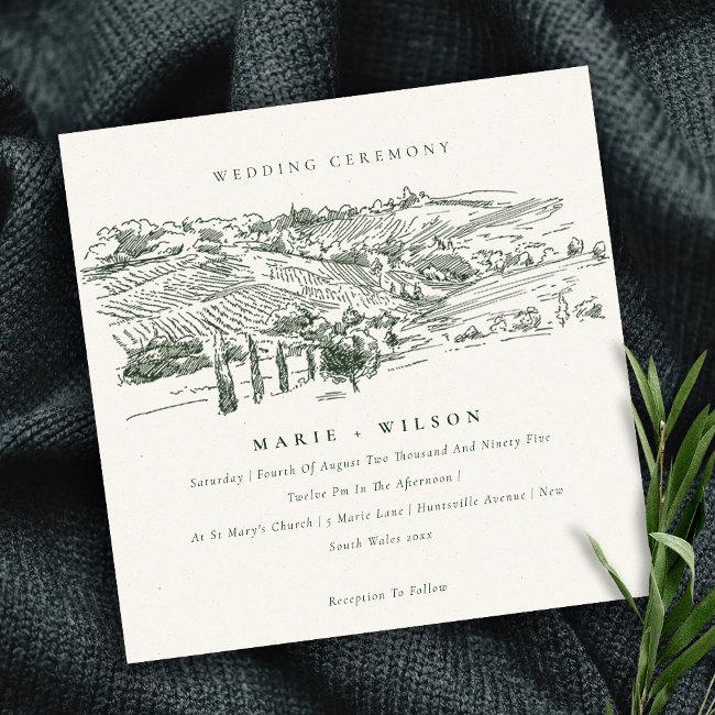 Rustic Green Winery Mountain Sketch Wedding Invite