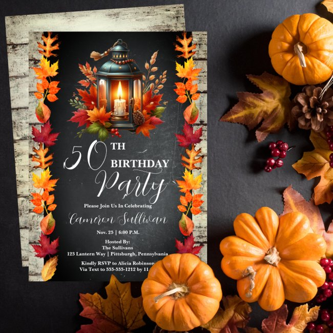 Rustic Lantern And Leaves Fall 50th Birthday Party Invitation