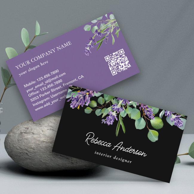 Rustic Lavender Floral Eucalyptus Black Qr Code Business Invitations