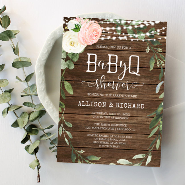 Rustic Lights Pink Greenery Girl Bbq Baby Shower Invitation