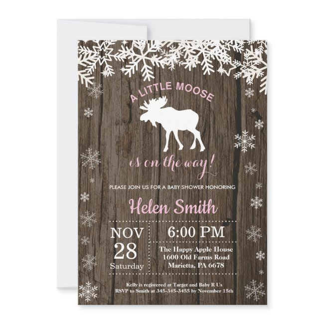 Rustic Moose Winter Snowflake Girl Baby Shower Invitation