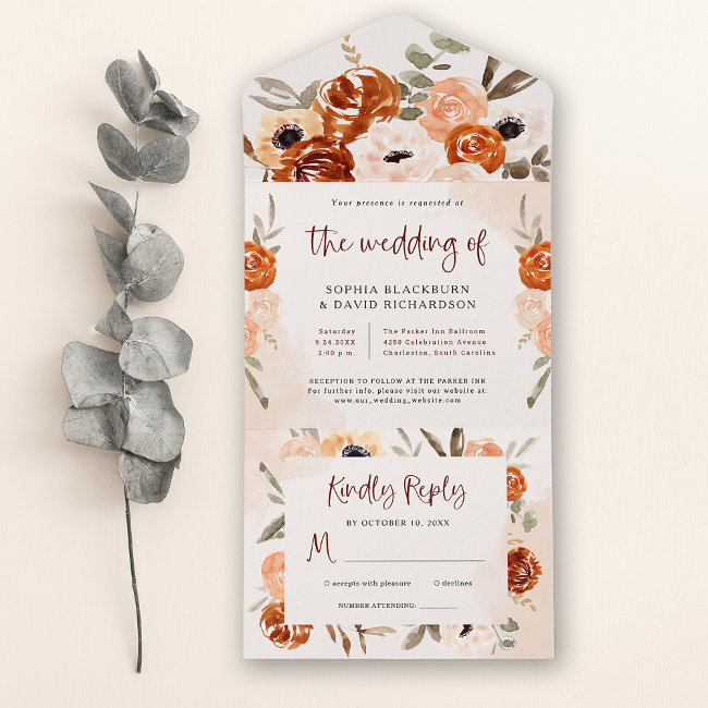 Rustic Orange Boho | Watercolor Blush Wedding All In One Invitation