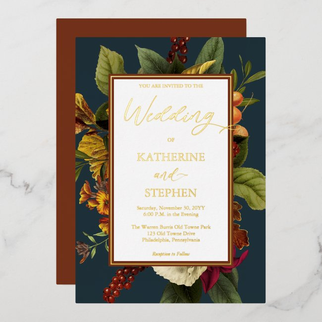 Rustic Orange | Red Floral Bouquet Teal Wedding In Foil Invitation