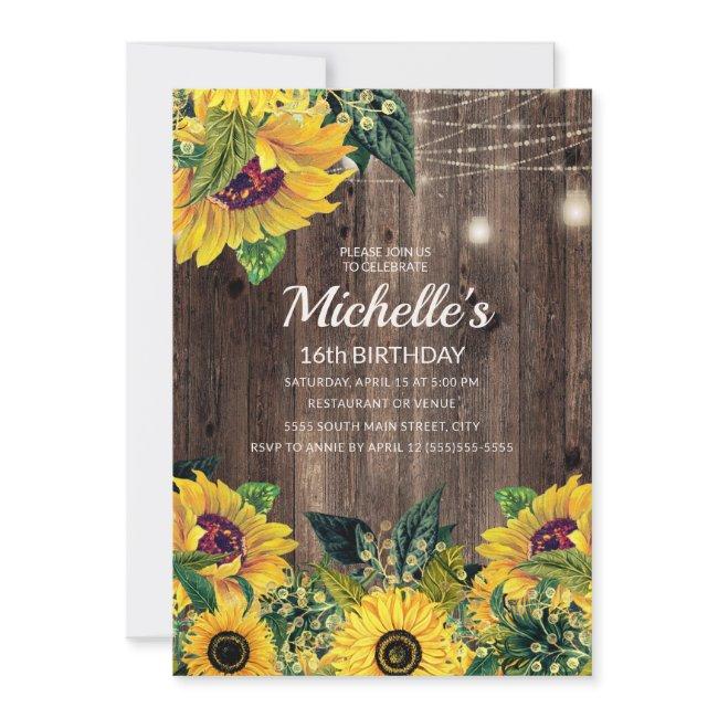 Rustic Sunflower String Lights 16th Birthday Invitation