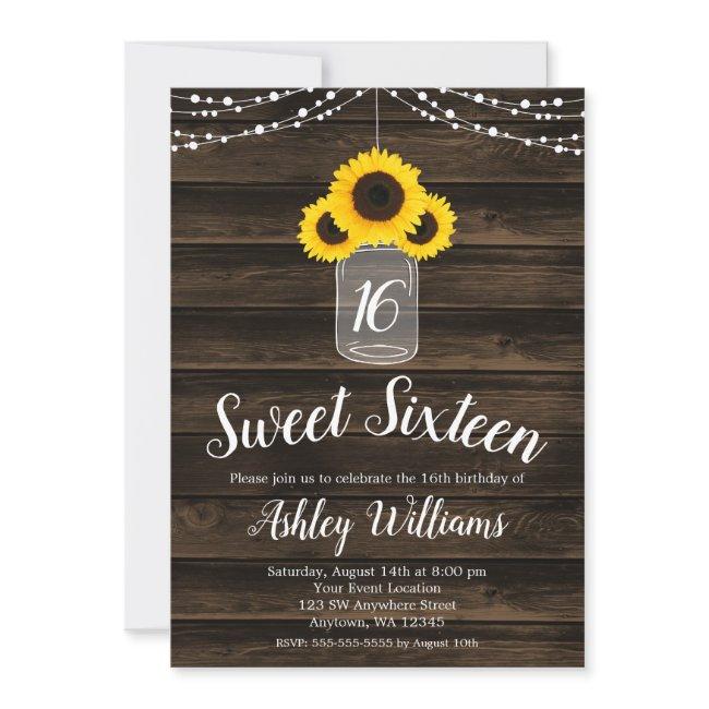 Rustic Sunflower String Lights Sweet 16 Invites