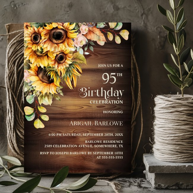 Rustic Sunflower Wood 95th Birthday Party Invitation