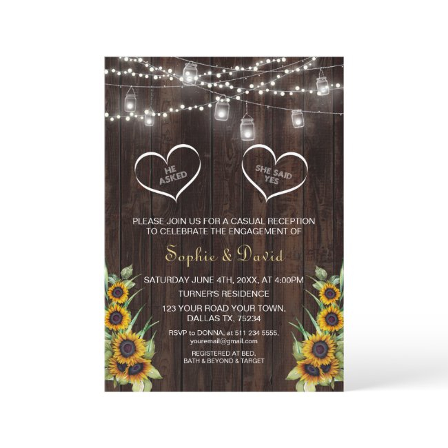 Rustic Sunflowers String Lights Wood Engagement Invitation