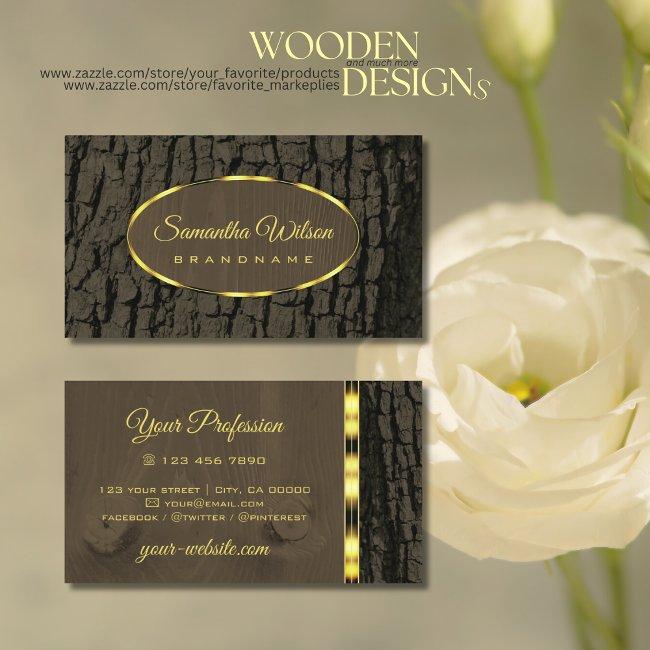 Rustic Tree Bark Dark Brown Wood Grain Gold Border Business Invitations