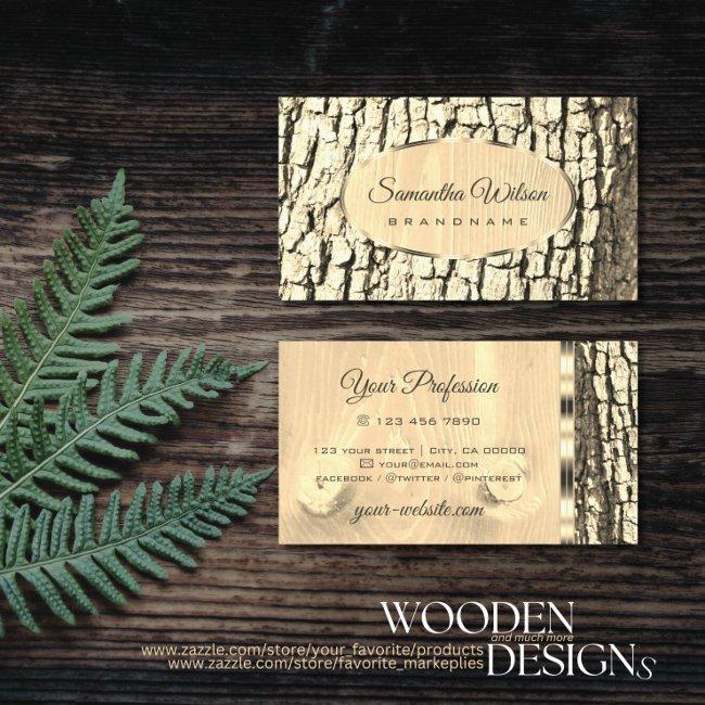 Rustic Tree Bark Light Wood Grain Oval Gold Border Business Invitations