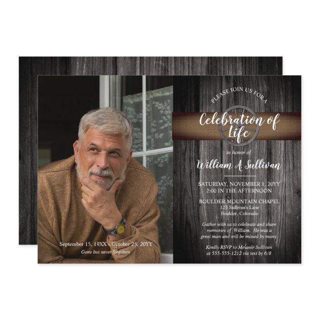 Rustic Wagon Wheel Wood Photo Celebration Of Life Invitation