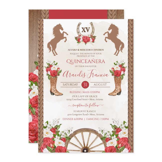 Rustic Western Red Flor Cowgirl Charra Quinceanera Invitation