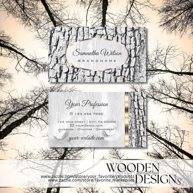 Rustic White Tree Bark Wood Grain Oval Gold Border Business Invitations