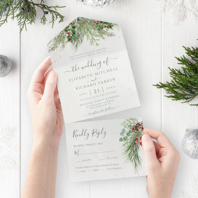 Rustic Winter Berries Pine Cone Greenery All In One Invitation