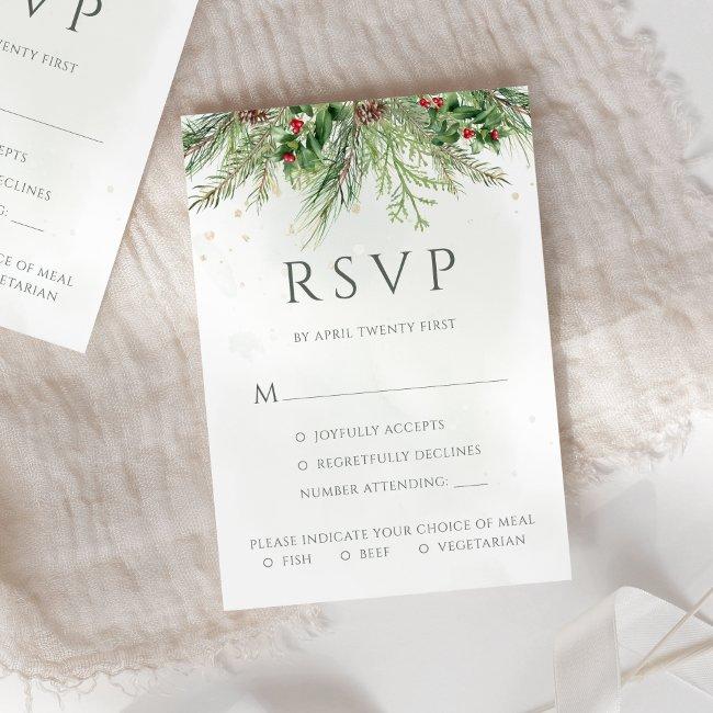 Rustic Winter Berries Pine Cone Greenery Wedding Rsvp Invitations