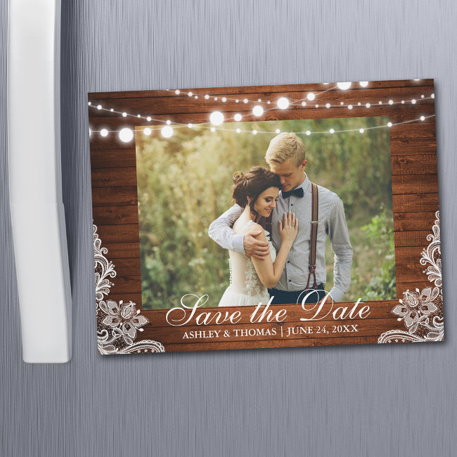 Rustic Wood Lace Lights Save The Date Engagement Magnetic Invitation