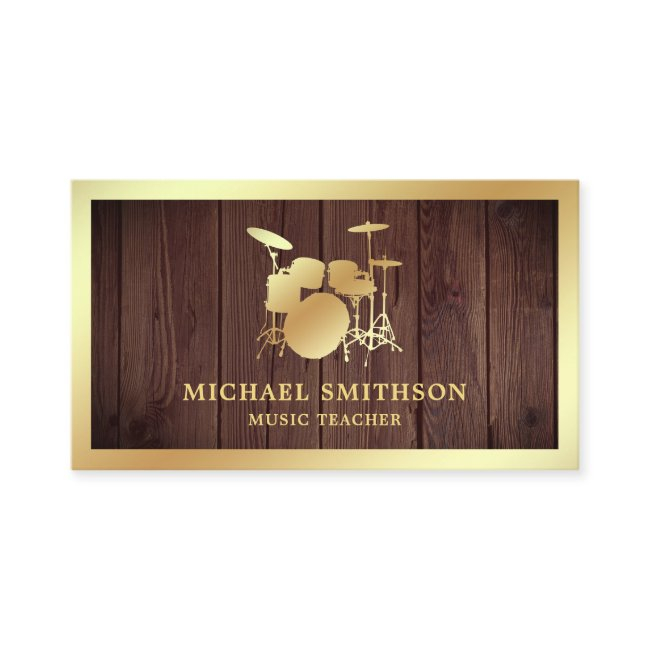 Rustic Wood Music Teacher Gold Drum Kit Drummer Business Invitations