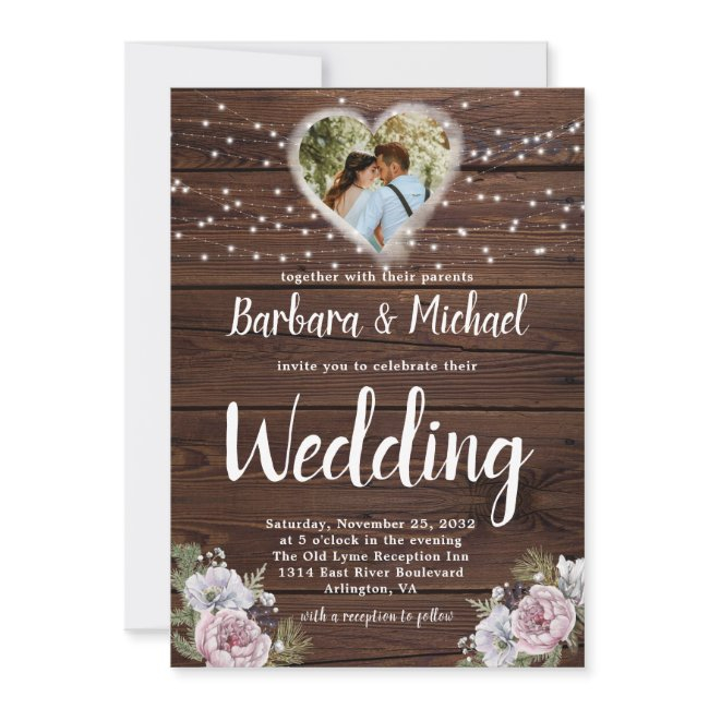 Rustic Wood String Lights Photo Floral Wedding  Invitation