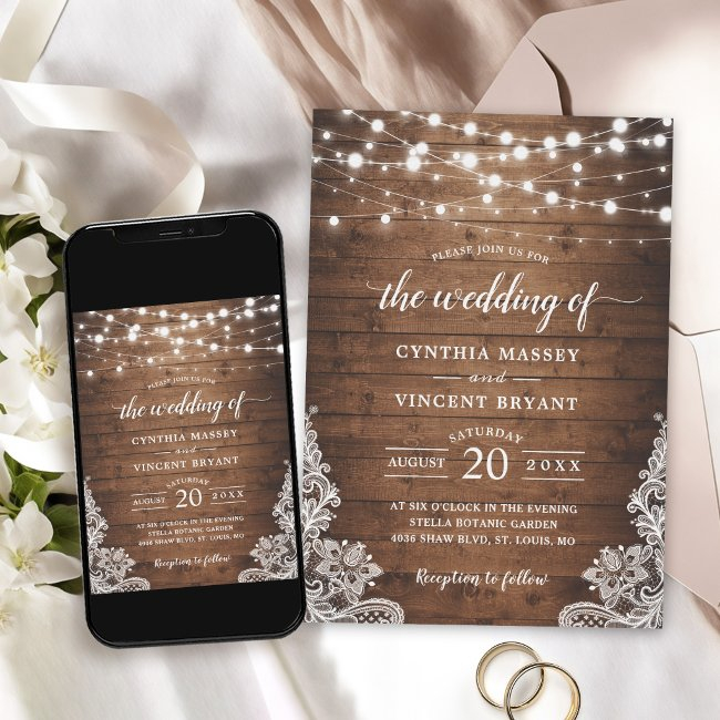 Rustic Wood Twinkle String Lights Lace Wedding Invitation