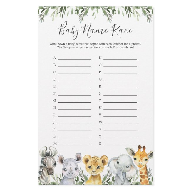 Safari Animals Baby Shower Name Race Game
