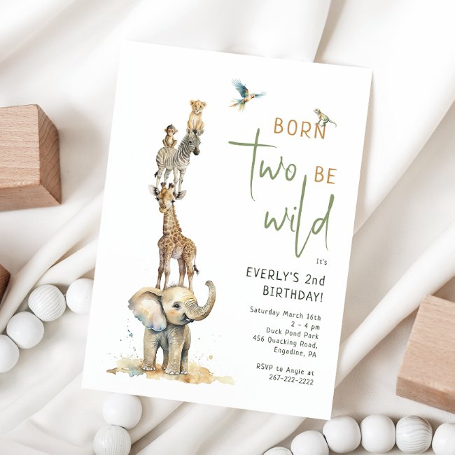 Safari Animals "born Two Be Wild" Kids Birthday Invitation