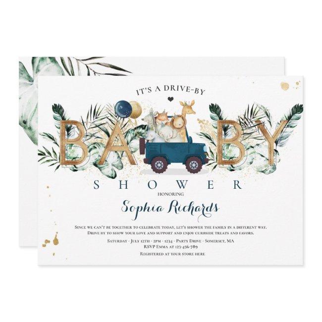 Safari Animals Drive By Baby Shower Greenery Gold Invitation