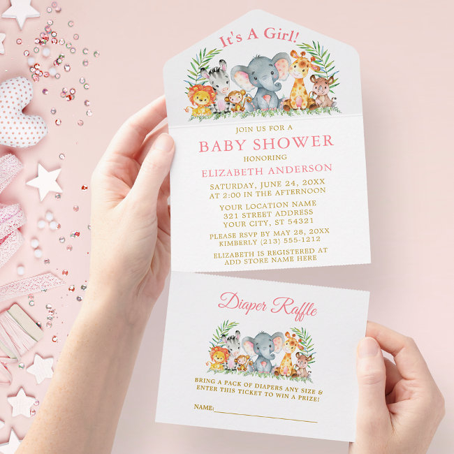 Safari Animals Pink Baby Shower And Raffle Gold All In One Invitation