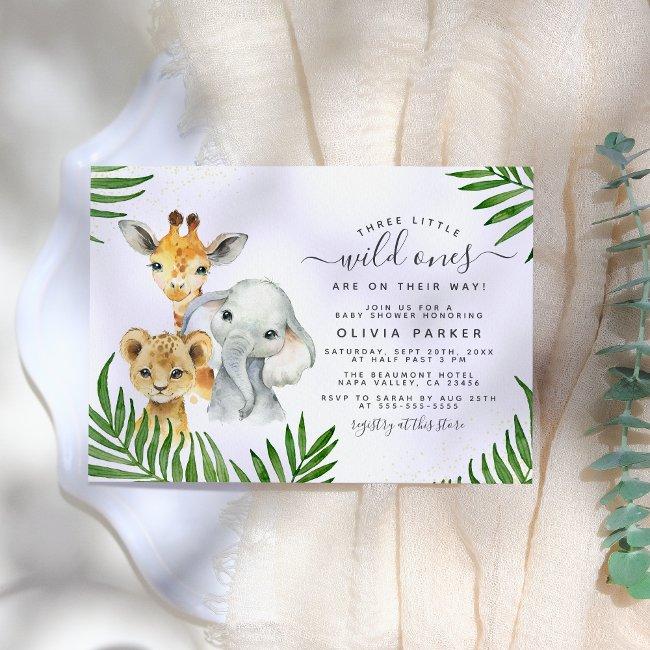 Safari Animals Wild One Triplets Baby Shower Invitation