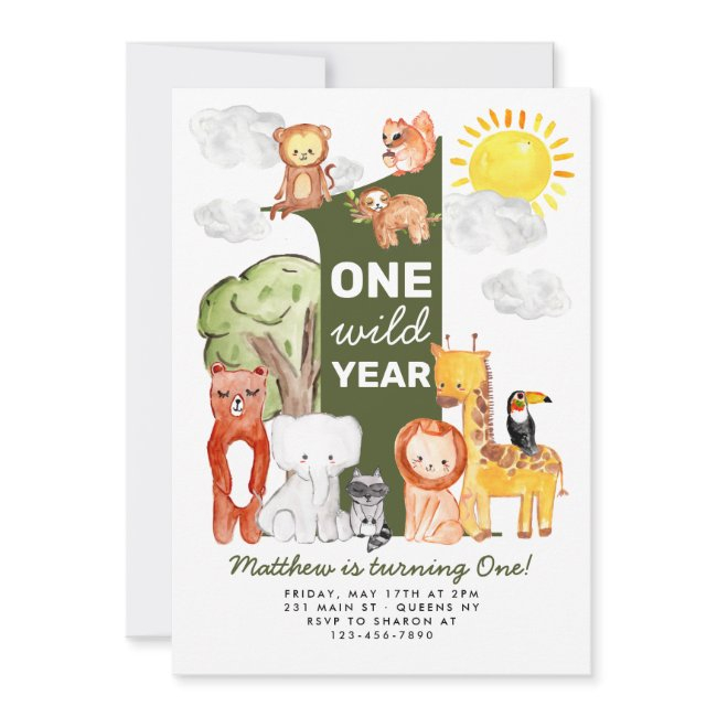 Safari Forest Animals One Wild Year Kids Birthday Invitation