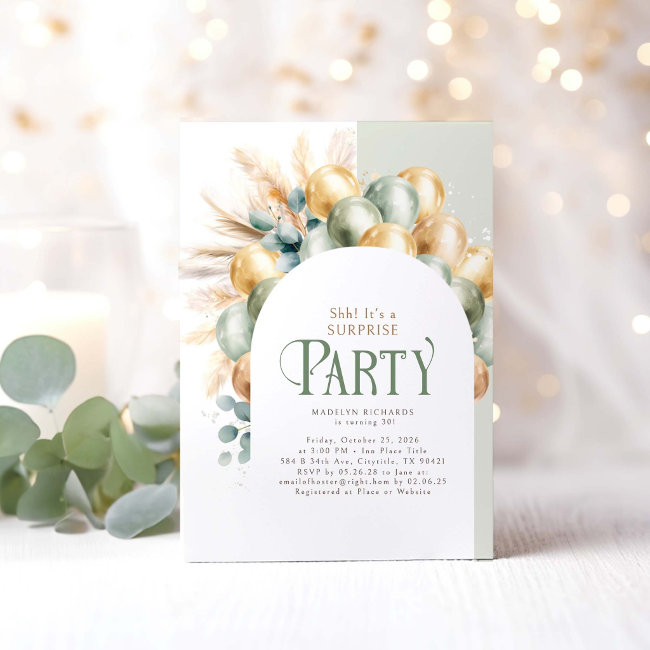 Sage And Gold Boho Arch Surprise Birthday Party Invitation