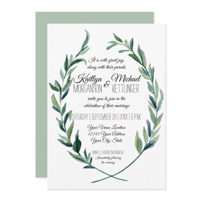 Sage Green Laurel Wreath Olive Leaf Modern Invitation