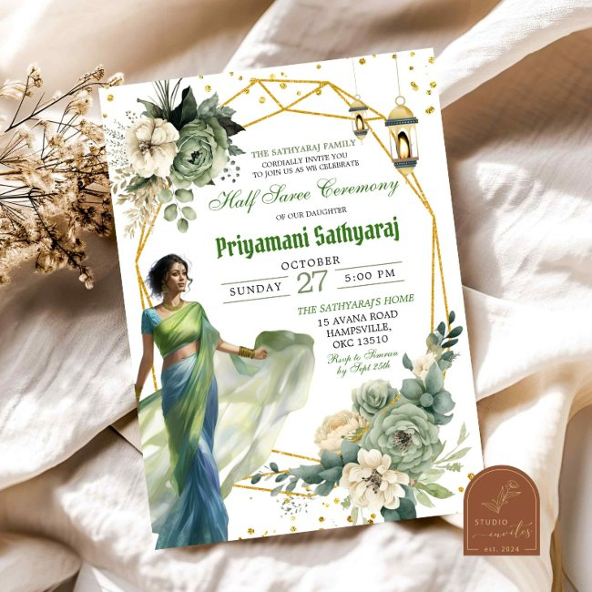 Sage Green Floral Half Saree India Ceremony Invitation