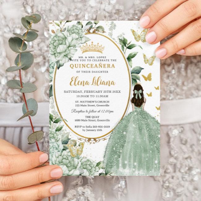 Sage Green Floral Princess Dress Gold Quinceañera Invitation