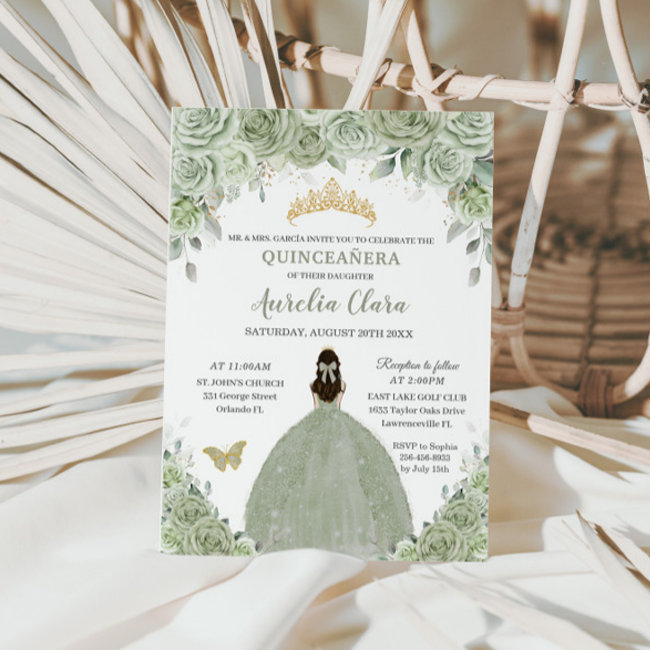 Sage Green Floral Roses Princess Gold Quinceañera Invitation