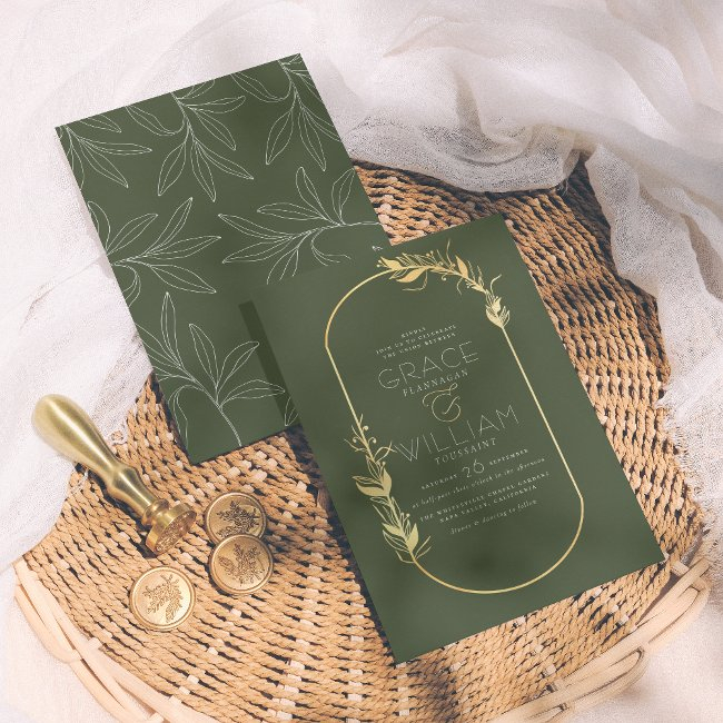Sage Green & Gold Elegant Botanical Frame Wedding Invitation