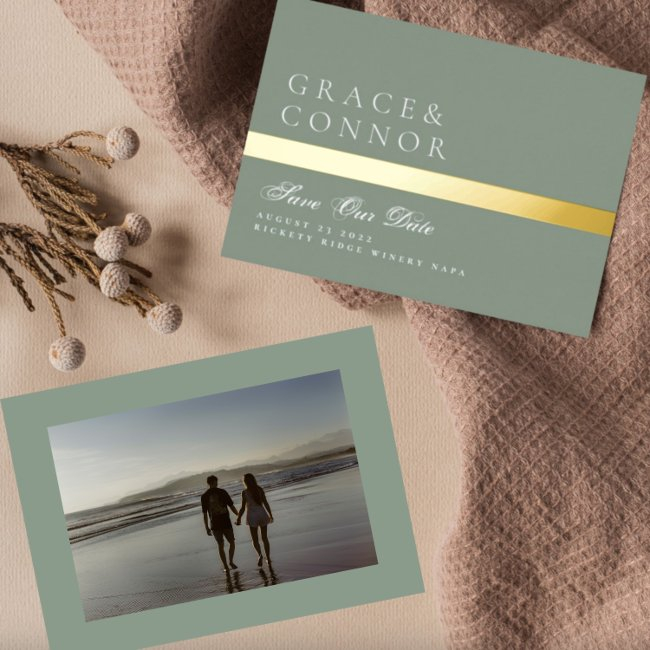 Sage Green Gold Stripe Photo Save The Date Foil Invitation