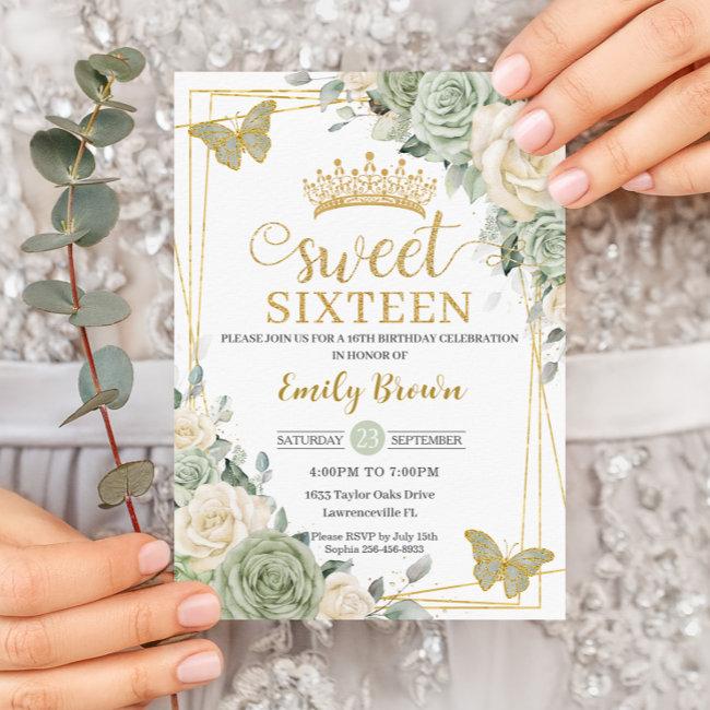 Sage Green Ivory Floral Butterflies Gold Sweet 16 Invitation