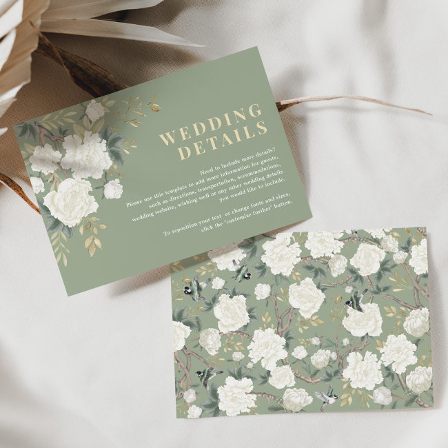 Sage Green White Chinoiserie Wedding Details Enclosure Invitations