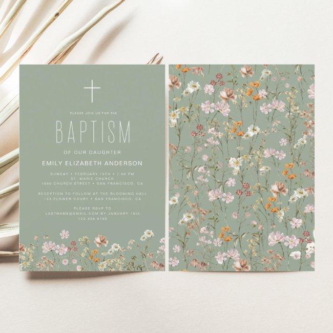 Sage Green Wildflower Baptism Garden In Bloom Invitation