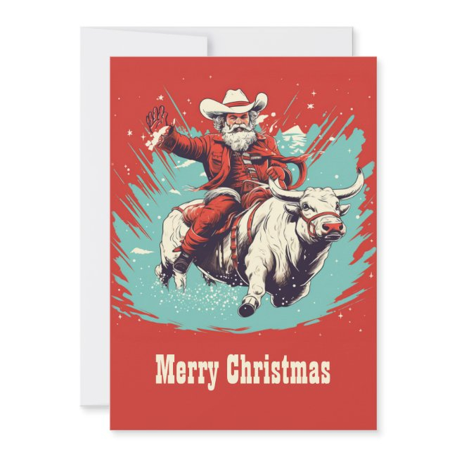 Santa Claus On Rodeo Bull Riding Holiday Invitations