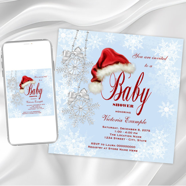 Santa Hat And Snowflakes Christmas Baby Shower Invitation