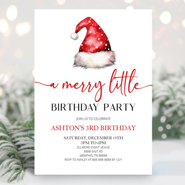 Santa Hat Christmas A Merry Little Birthday Party Invitation