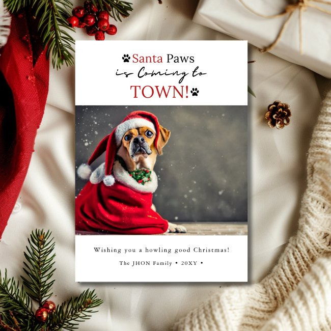 Santa Paws Is Coming To Town! Dog Photo Christmas Holiday Invitations