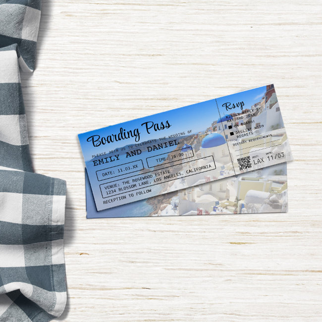 Santorini Greece Destination Boarding Pass Wedding Invitation