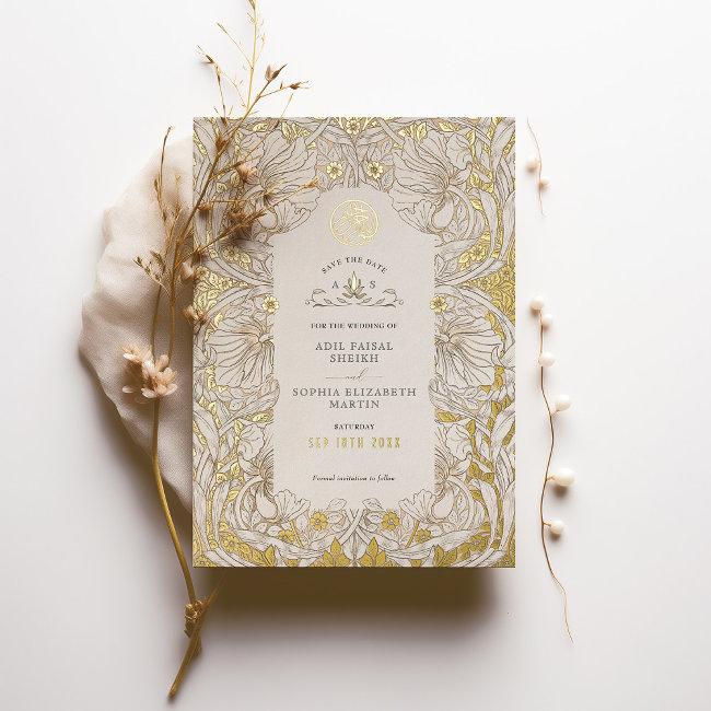 Save The Date Muted White Muslim Islamic Morris Foil Invitation