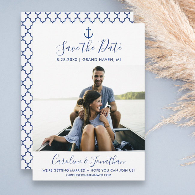 Save The Date Photo Classic Blue Nautical Anchor Invitation