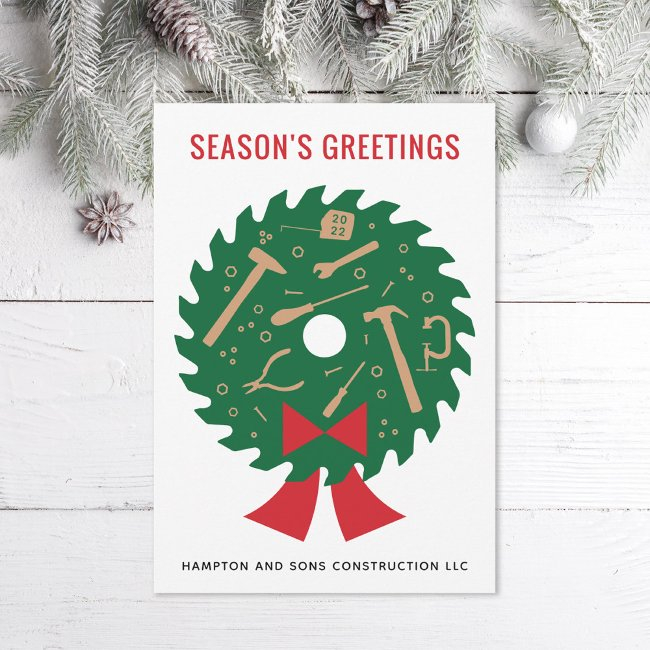 Saw Blade Wreath Construction Company Holiday Invitations