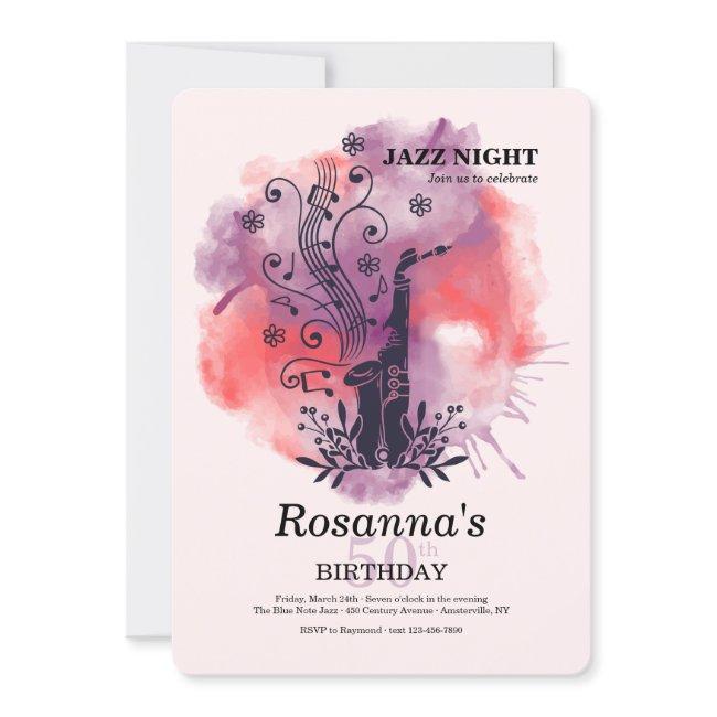 Saxophone Watercolor Birthday Party Invitation