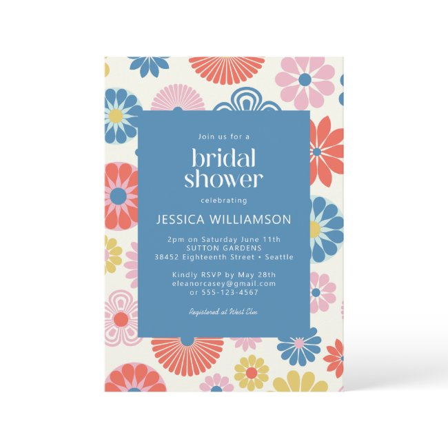Scandi Boho Folk Flower Blue Bridal Shower Invitation