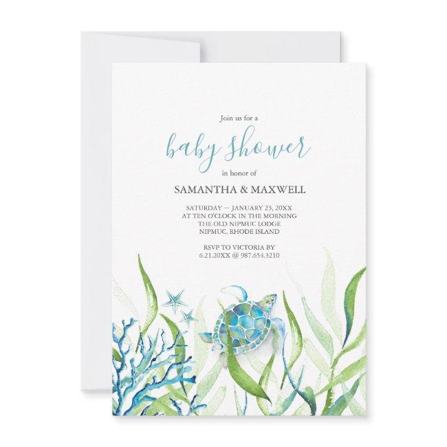 Sea Turtle Blue And Green Baby Shower Invitation