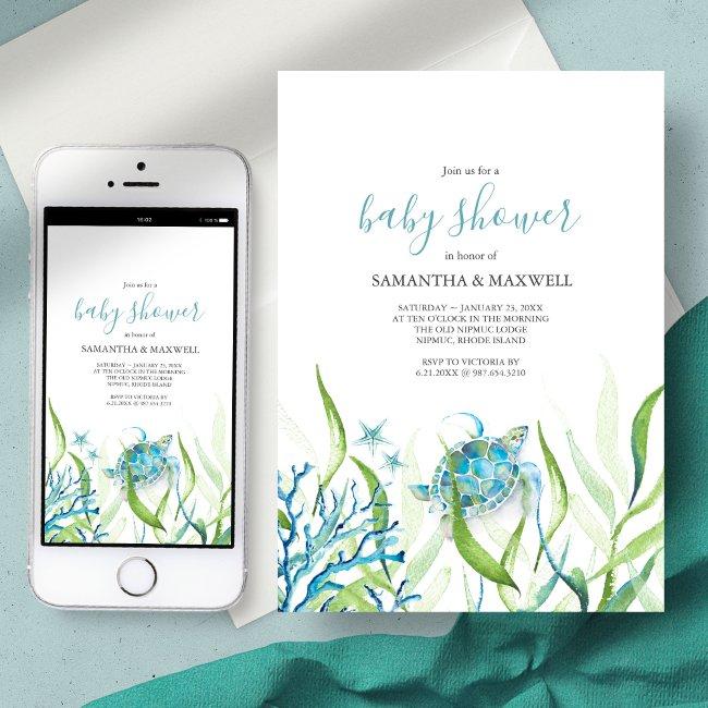 Sea Turtle Blue And Green Baby Shower Invitation